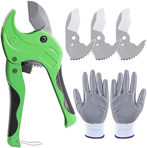 Glarks Ratchet-type Pipe and Tube Cutter with Blade and Cut Resistant Gloves Set, One-hand Fast Cutting Pipe Tool for Cutting 1-5/8 Inch PEX, PPR, PVC, Aluminum-Plastic Hoses and Pipe