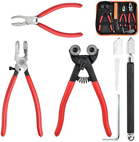 Gransuncy Glass Mosaic Cutter Kits with Wheeled Glass Tile Nipper, Glass Running Plier, Breaking Plier, Hex Wrench and Pencil Style Oil Feed Glass Cutting Tool, 2 Blades and Oil Dispenser