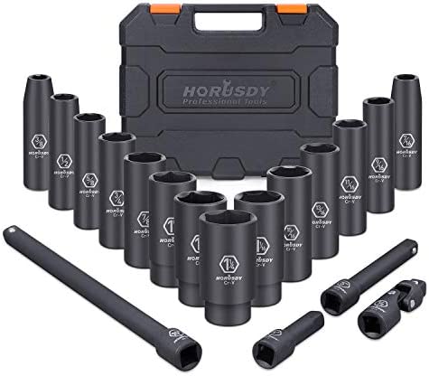 NEIKO 02440A 3/8-Inch-Drive Impact Socket Set, SAE Sizes 5/16″ to 3/4″ and Metric Sizes 8 mm to 19 mm, Includes Extension Bars and U-Joint, 44 Pieces