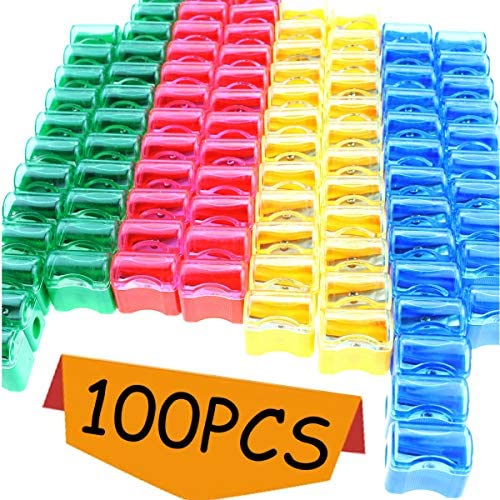Heatoe 100 Pcs Colored Pencil Sharpener,4 Color Plastic Single Hole Pencil Sharpener with Lid,Easy for Boys and Girls to Use at Home and School