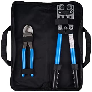 Heavy-Duty Canvas Bag/Battery Cable Lug Crimper Tool Kit For 6-50mm², Wire Crimping Tool, Pliers , Hexagoal AWG 8-1/0, with Cable Cutter, Blue, (HX-50B-BAG)