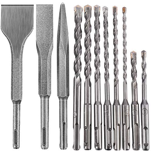 HighFree 11 Pieces SDS Plus Rotary Hammer Drill Bits Set Including Chisels Bits and Carbide Tip Twist Drill Point Bits for Brick, Cement and Concrete Demolition