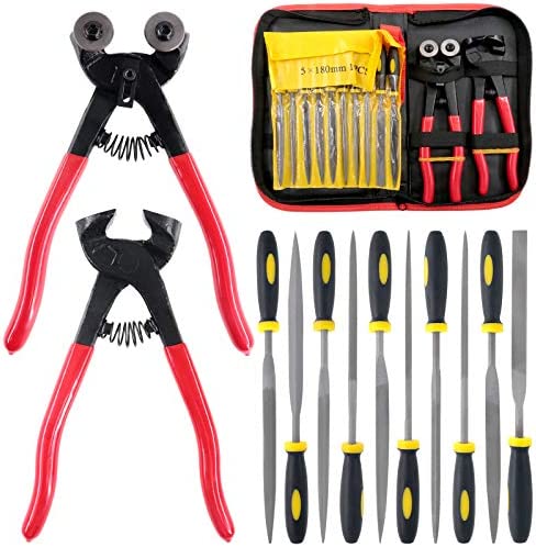 Hilitchi 12Pcs Heavy Duty Stained Glass Tools Mosaic Tools Wheeled Glass Tile Nipper and Cutter Pliers and Diamond Coated Handle Grinding Tool Kit