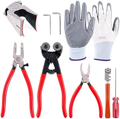Hilitchi 8Pcs Wheeled Glass Tile Nipper Running Plier Breaking Grozer Plier Glass Cutter with Two Hex Wrenches and Protective Gloves Professional Glass Tool Kit, Stained Glass Tools Mosaic Tools
