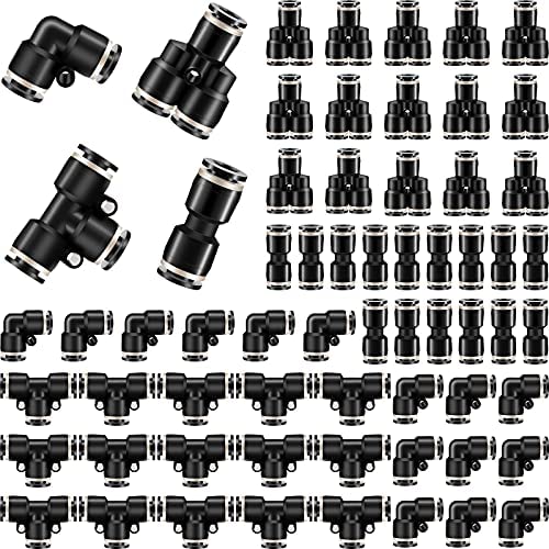 Hotop Push to Connect Fittings Air Line Pneumatic Fittings Kit 60 Pieces Quick Release Pneumatic Connectors Air Line Fittings 15 Splitters 15 Elbows 15 Tee 15 Straight Tubes (Black,1/4 Inch Od)