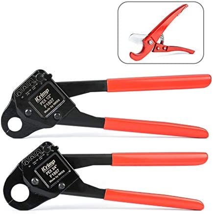 IWISS Angle PEX Crimper for 1/2-inch & 3/4-inch PEX Copper Crimp Rings and Barbed PEX Fitting, c/w PEX Tubing Cutter & Go/No-Go Gauge, Meets ASTM F1807 Standard