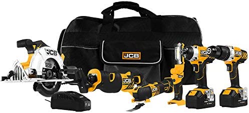 JCB Tools – 20V, 6-Piece Power Tool Kit – Hammer Drill Driver, Impact Driver, Reciprocating Saw, Multi Tool, Circular Saw, LED Work Flashlight, 2 x 4.0Ah Batteries, Fast Charger And Tool Bag