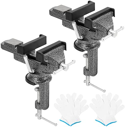 KOHAND 2 Pack 3 Inch Universal Bench Vise, 360° Swivel Base Bench Clamp Home Vise, Clamp On Vise with Rubber Gaskets and Gloves for Woodworking, Cutting Conduit, Drilling and Metalworking
