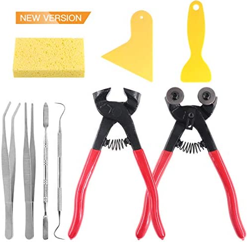 Keadic 9 Pieces Mosaic Tools Set, Including Scrapers, Tweezers, Double-Ended Hook, Spatula, Sponge, Glass Tile Nippers and Cutter Pliers with Carbide Trimming Tips