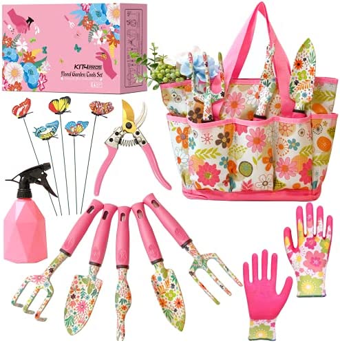 Kit4Pros Floral Garden Tool Set| Gardening Gifts for Women Birthday| Heavy Duty Tools Kit|Storage Tote Bag Organizer| Pruning Shears| Gardener Gloves| Sprayer| Weeder| Trowel (Pink Floral)