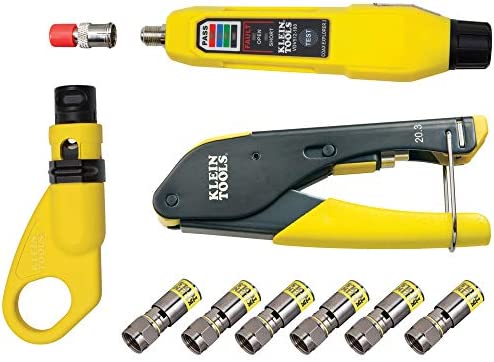 Klein Tools VDV002-818 Coax Install and Test Kit with Crimp Tool, Includes Tester, Stripper and Universal F Connectors