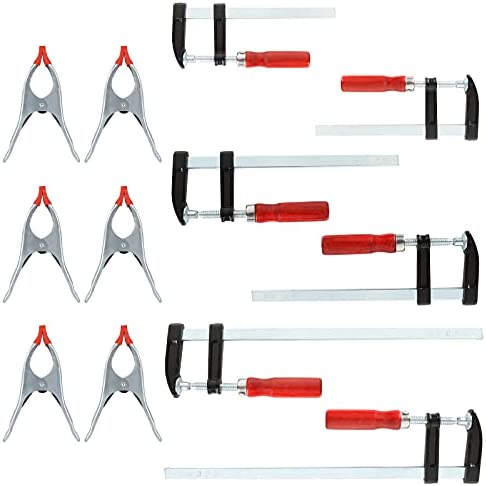 LIVTE 12 Pcs Bar Clamp Set for Woodworking, Included 6 Pcs F Clamps with Fast Sliding Grip (2 x 6″ & 2 x 8″ & 2 x 12″), 6 Pcs 7″ Heavy Duty Spring Clamps