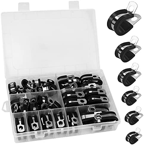 Laelr Stainless Steel Cable Clamp, 52pcs Cable Clamps Assortment Kit, 304 Stainless Steel Rubber Cushion Pipe Clamps in 6 Sizes 1/4″ 5/16″ 3/8″ 1/2″ 5/8″ 3/4″ with Storage Box