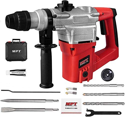MPT 1 Inch SDS-plus 8.5 Amp Heavy Duty Rotary Hammer Drill,3 Functions, Include 3 Drill Bits, Grease, Chisel with Case