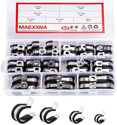 Maexxna 60pcs Wire Clamps Assortment Kit, Stainless Steel 304 Rubber Cushion Cable Clamps Assorted in 7 Sizes 1/4” 5/16” 3/8” 1/2” 5/8” 3/4” 1”, Pipe Clamp Set for wiring, lines and hoses