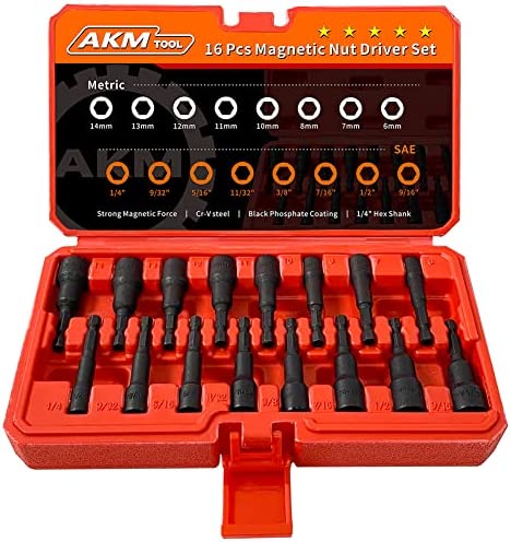 Magnetic Nut Driver Set, AKM TOOL 16-Piece Nut Driver Set for Impact Drill, Quick-Change 1/4″ Hex Shank | SAE & Metric | Cr-V Steel