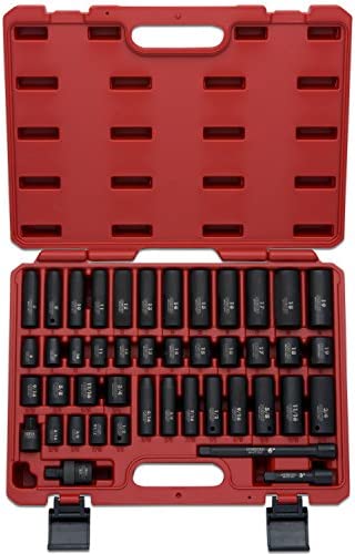 NEIKO 02440A 3/8-Inch-Drive Impact Socket Set, SAE Sizes 5/16″ to 3/4″ and Metric Sizes 8 mm to 19 mm, Includes Extension Bars and U-Joint, 44 Pieces