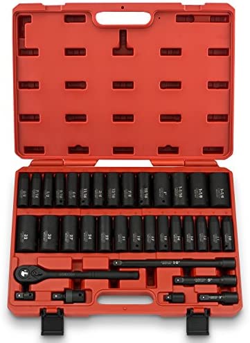 Neiko 02446A 1/2″ Drive Master Impact Socket Set, 35 Piece Deep Socket Assortment | Standard SAE (Inch) and Metric Sizes | Includes Ratchet Handle and Extension Bars | Cr-V Steel