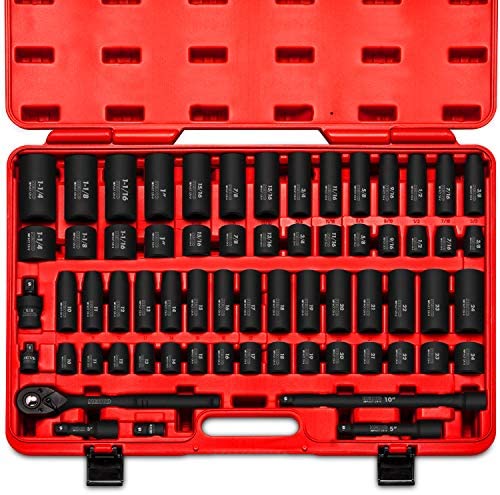 Neiko 02448A 1/2″ Drive Master Impact Socket Set, 65 Piece Deep & Shallow Socket Assortment | Standard SAE (3/8-Inch to 1-1/4-Inch) and Metric (10-24 mm) Sizes | Includes Adapters and Ratchet Handle