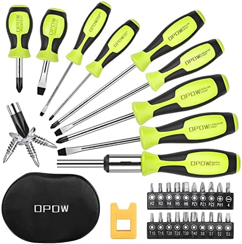 OPOW Magnetic Screwdriver Set with Storage Case, 30-Piece Professional Screwdrivers Includes Slotted/Phillips/Hex/Torx/Square/Pozi Head, Ratcheting and Screwdriver Bits, Non-Slip Handle Design.