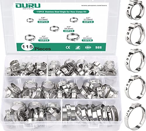 OURU 115PCS PEX Clinch Clamps Kit,304 Stainless Steel Single Ear Hose Clamps for PEX Pipe(5 Sizes-3/8”,1/2′, 5/8′, 3/4” and1”)