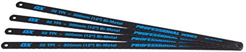 OX Pro Hacksaw Blades – Adjustable Frame, Flexible Hand Tool for Cutting Aluminum, Iron, Copper, Carbon Steel, and Hard Plastic – 32 tpi – Multi-Colour, 12-Inch (4 Blades)