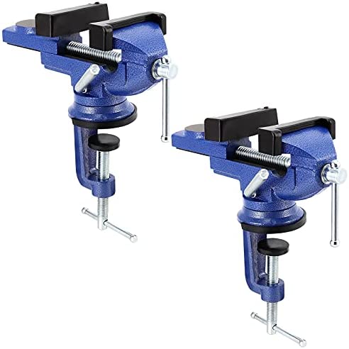 PINGEUI 2 Packs 3 Inches Table Vise ,360° Swivel Base Table Vise, Portable Bench Vise, Heavy Duty Clamp-On Vise, Bench Clamp for Woodworking, Drilling, Sawing, Metalworking, blue