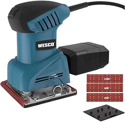 Palm Sander Tool, WESCO 2.0 Amp 1/4 Sheet Hand Detail Sander for Wood, 12,000 OPM Corded Finishing Sander with Dust Collector, Punch Plate & 12 Sanding Discs, Vacuum Adapter, Quick Locking System