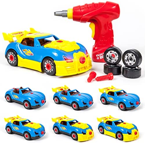 PicassoTiles Take-A-Part Race Car Set with LED, Engine Sound, Mini Electric Power Tool Reversible Drill, Screws Included PTT302 2-in-1 DIY Construction Build Your Own 30pc Racing Car S.T.E.A.M. Kit