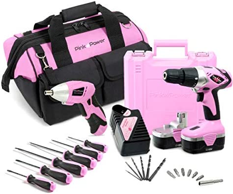 Pink Power Drill Set for Women – 18V Lightweight Pink Cordless Drill Driver & Electric Screwdriver Combo Kit with Tool Bag for Ladies Home Tool Kit – Wireless Pink Drill Set with Battery and Charger