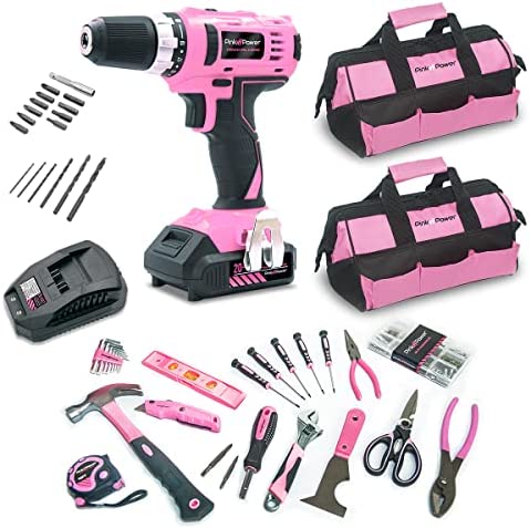 Pink Power Pink Drill Set for Women – Home Tool Kit for Women w/ 20V Cordless Drill Driver Electric Drill, Power Drill Set with Tool Bag, Drill Bit Set, Battery & Charger, and 189-Piece Pink Tool Set