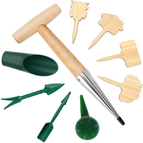 Potzya Planting Tool Kit, Garden Tool Set, Come with Wood Handle Stainless Steel Dibber with Scale, Seed Dispenser, Seed Planting & Soil Loosen, Bamboo Labels, Cultivation Migrate Succulents Bulb