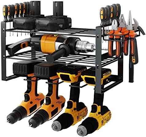 Power Tool Organizer Garage Tool Storage Shelf Drill Holder Heavy Duty Metal Tool Rack 3 Layers Power Tool Wall Mounted Storage Rack with Screwdriver Holder Black Suitable for Garage/Workshop