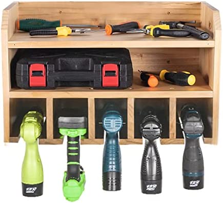 Power Tool Organizer Storage Drill Holder Wall Mount Drill Charging Station with 5 Drill Slots Wall Mounted Garage Tool Storage Cabinet Organizer for Workshop Workbench (Easy Assembly)