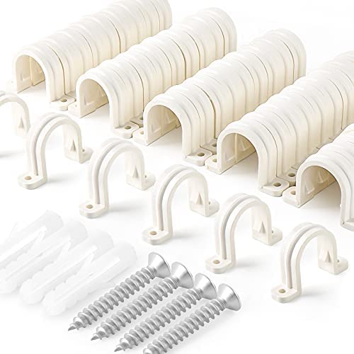 QCQIANG 60pcs 3/4″ Pipe Strap Clips, U Shaped Pipe Clips with Screw and Anchor, Two Hole Pipe Clamps for Drainage Pipe