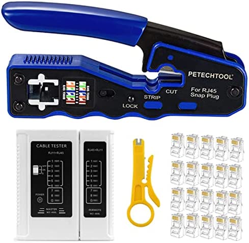 RJ45 Crimp Tool Kit All-in-one Crimping Tool Ethernet Crimper Wire Cutter Stripper With 1 Piece Cable Tester,20Pieces Cat6 Pass Through Connectors and 1 Piece Yellow Wire Stripper