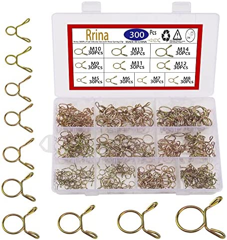 Rrina 300Pcs Fuel Silicone Vacuum Hose Spring Band Type Action Water Pipe Clamp Low Pressure Air Clip Assortment Kit, 6 Sizes 5mm to 14mm