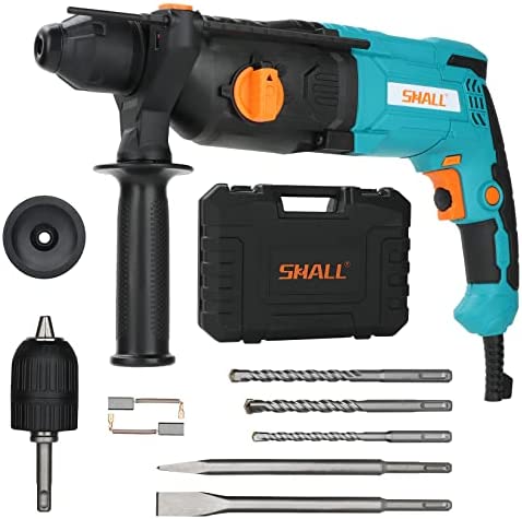 SHALL 1 Inch SDS Plus Heavy Duty Rotary Hammer Drill, 7.5 Amp Demolition Hammer, One Knob 4 Functions with Speed Adjustment, Flat Chisel, Point Chisel and 3 Drill Bits Included, 0-1150 RPM