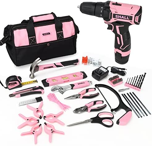 SHALL 222-Piece Pink Drill Driver and Home Tool Set, 12V Electric Drill Combo Kit, 3/8″ Keyless Chuck, 12″ Wide Mouth Open Tool Bag, for Drilling Wood/Metal, Women DIY Projects