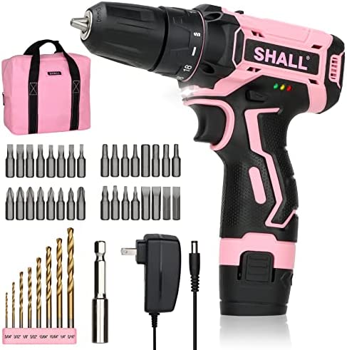 SHALL 43-Piece Pink Cordless Drill Set, 12V Electric Drill, 3/8″ Keyless Chuck, 2Ah Li-ion Battery, 8 HSS Drill Bits & 32 Screwdriver Bits Included, for Drilling Wood/Metal, Women DIY Projects