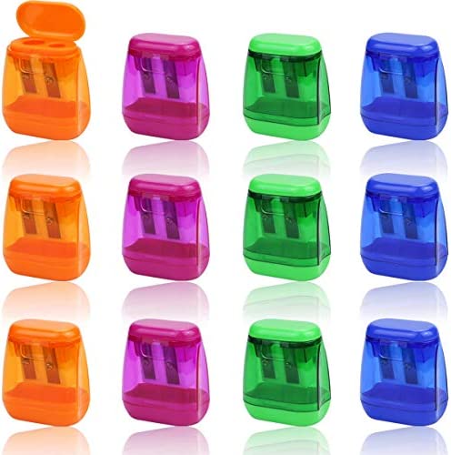 SKPPC 12PCS Plastic Dual Hole Pencil Sharpener with Lid for Kids，School，Home，Office Supplies, 4 Colors