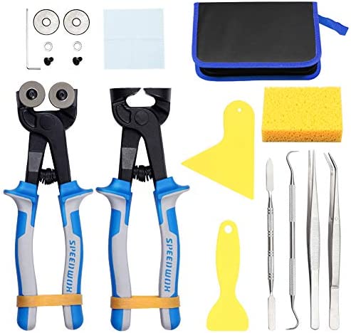 SPEEDWOX 18PCS Mosaic Tools Beginners Set Ceramic Tile Nippers Mosaic Cutting Pliers with Replacement Cutting Wheel Scrapers Tweezers Double-ended Hook Spatula Sponge Cleaning Cloth Leather Zipper Bag