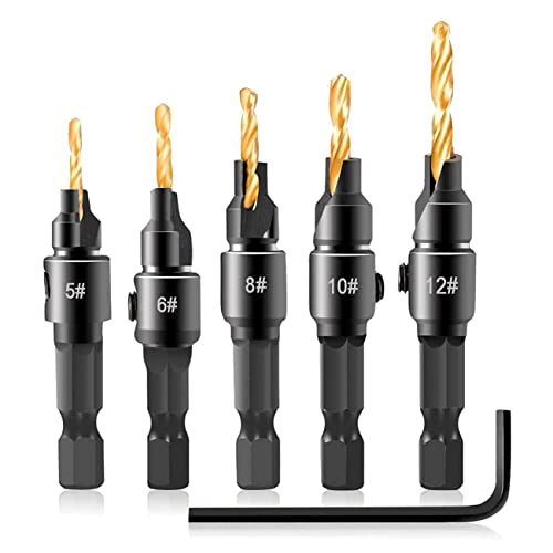 Szliyands 1/4 inch Hex Shank Countersink Drill Bit Power Tools Accessories for Plastic Metal Woodworking Tool by Power Drill 5Pcs/Set （5/6/8/10/12#）