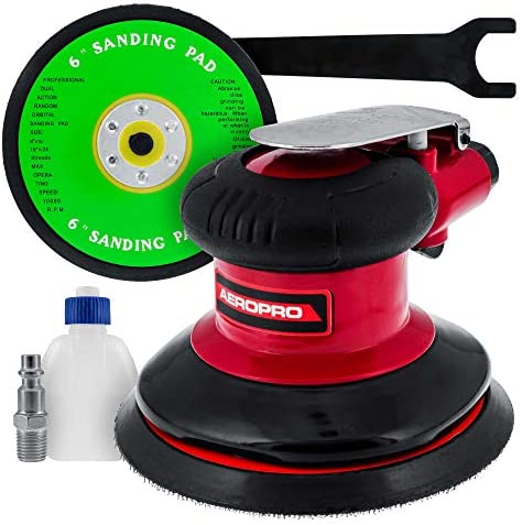 TCP Global Professional Heavy Duty 6″ Dual-Action Random Orbit Air Palm Sander with Both PSA and Hook & Loop Backing Pads – Orbital Pneumatic Sanding Disc Sander – Automotive Body Shop, Woodworking
