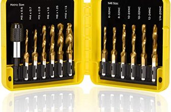 THINKWORK Combination Drill Tap & Tap Bit Set, 3-in-1 Titanium Coated Screw Tapping Bit Tool for Drilling, Tapping, Countersinking, with Quick-Change Adapter, 13 PCS SAE/Metric