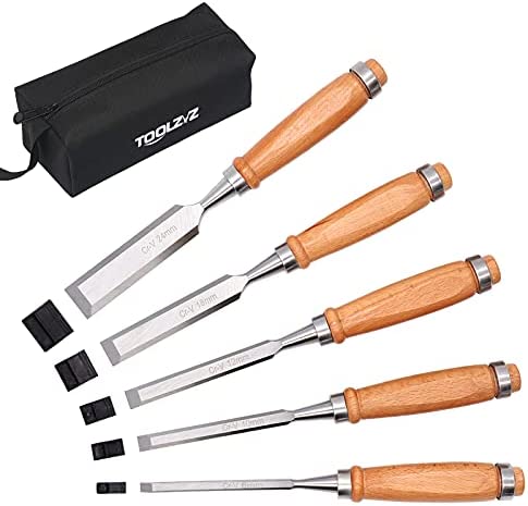TOOLZYZ Professional Wood Chisel Tool Sets, 5 Pcs Chrome Vanadium Steel and Hard Beech Handle Woodworking Carving Tools Kit with Work Gloves,1/4″,3/8″,1/2″,3/4″,1 Inch