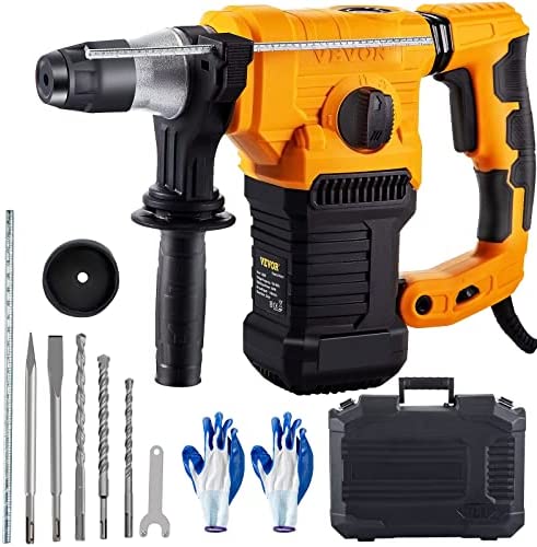 VEVOR Rotary Hammer, 1″ SDS – Plus Hammer Drill with 4 Functions & 360 Degree Rotating Handle, 9.5A 1050W Variable Speed 0-850RPM Corded Hammering Machine, Includes Chisels, Drill Bits and Case
