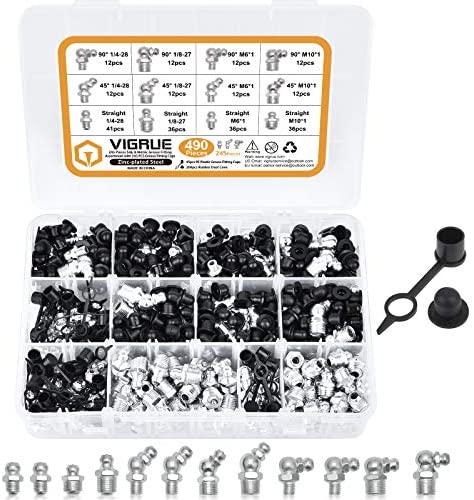 VIGRUE 490 PCS Grease Fitting Assortment Kit with 245 PCS SAE & Metric Grease Fittings and 245 PCS Caps,Standard Grease Zerks, Straight and Angled Perfect for Replacing Missing or Broken Zerk Fitting