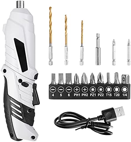 VILLCASE 10Pcs Cordless Drill Driver Kit Electric Screwdriver Hand Drill Rechargeable Twist Drill Screw Bits for Home Office DIY Shop (Black White)