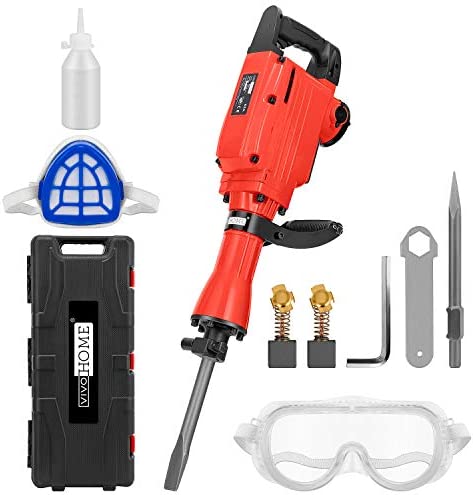 VIVOHOME 2200W 400 RPM Electric Demolition Jack Hammer Heavy Duty Concrete Breaker Drills Kit with Carrying Case Gloves Goggle and Removal tools Red
